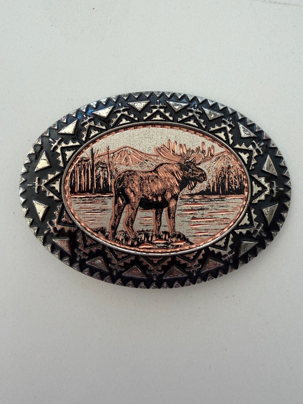 BELT BUCKLE Moose Design Copper Colour Oval Silver Tone Metal Border Western